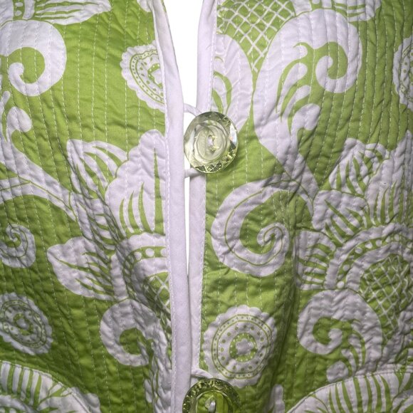 Patty Kim Quilted Jacket Size Large Green White Cotton Floral w/ Polka Dot Cuffs - Picture 5 of 8
